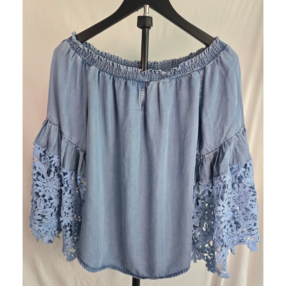 Joseph Ribkoff Blue Chambray Off Shoulder Boho Lace Bell Sleeve Blouse Size 2